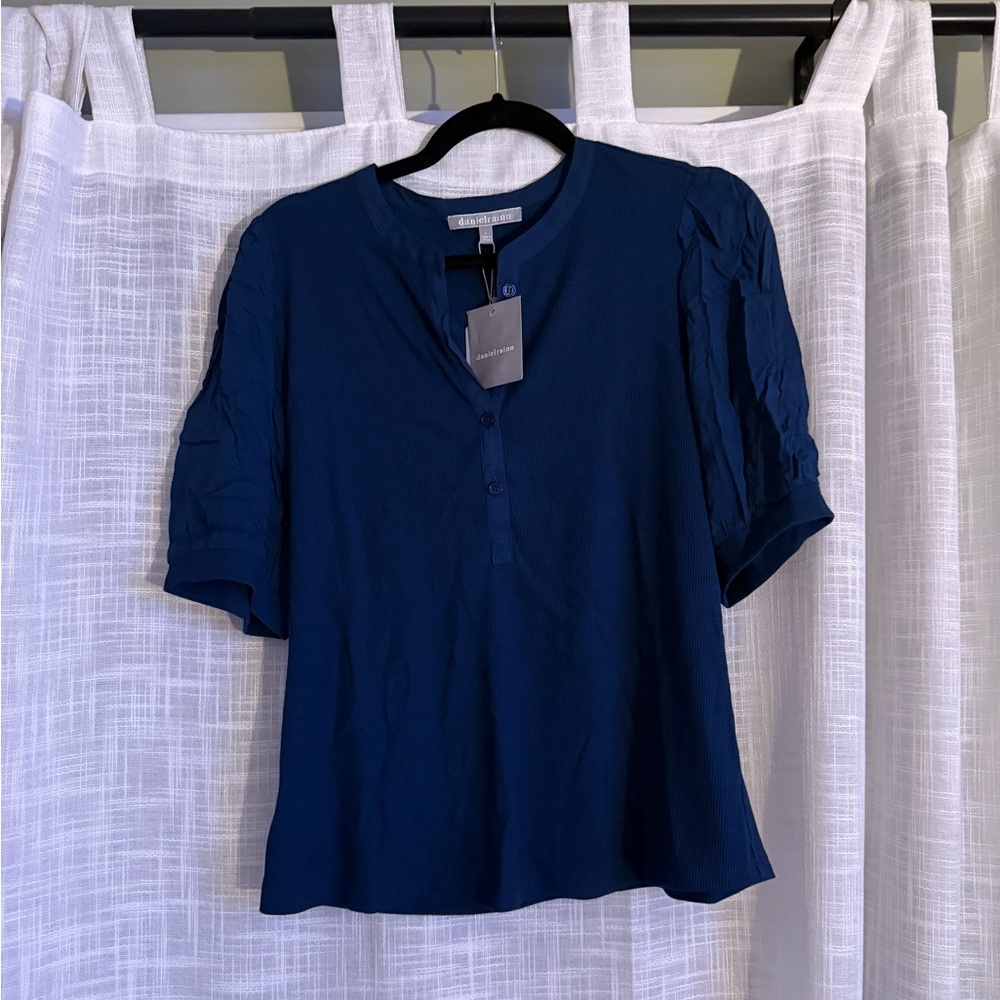 Daniel Rainn Blue Short Sleeve Mandarin Collar Blouse